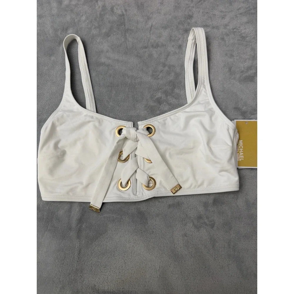 Michael Kors Bikini Top Women White Lace Up Grommet L $78